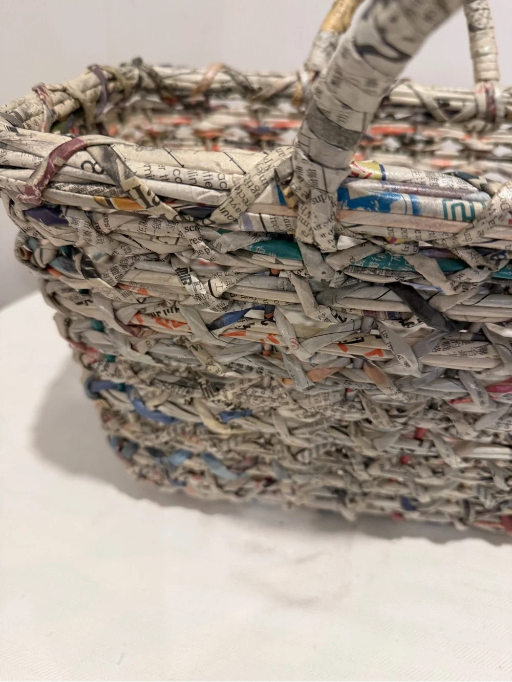 Hand Crafted Multi-Color Woven Newspaper Basket with Gray Tones